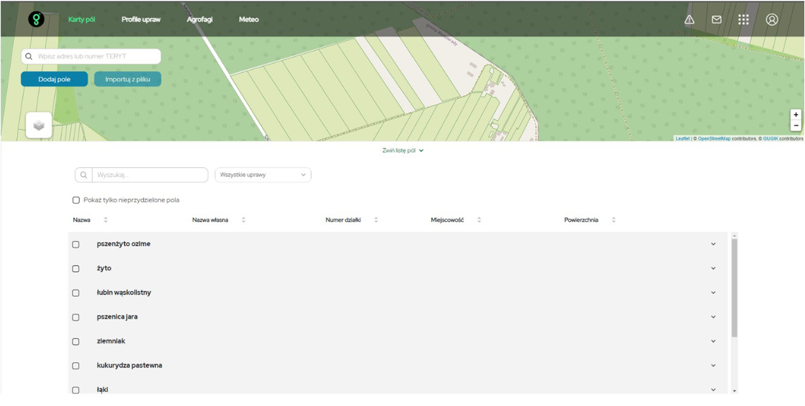 Na zdjęciu widoczne jest okno, które otwiera się po kliknięciu w zakładkę "karty pól" w Wirtualnym gospodarstwie