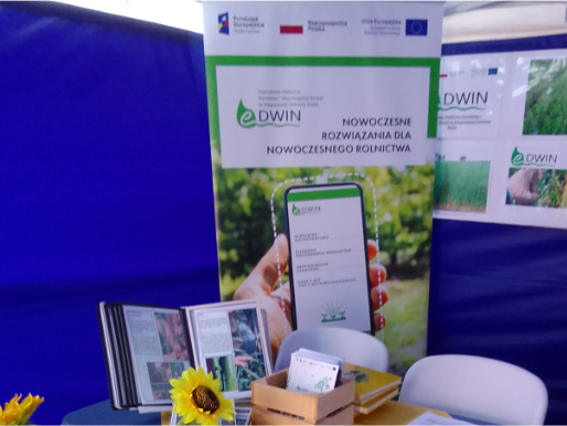 Stoisko eDWIN na Targach Ogrodniczo-Pszczelarskich w Lubaniu Wnętrze niebieskiego namiotu. W rogu stoi duży rollup promujący platformę eDWIN. Przed nim jest krzesło oraz stół, na którym stoją różne przedmioty, ulotki, kwiaty.
